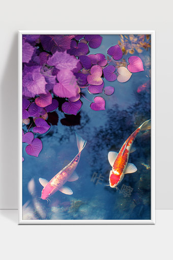 梦幻紫色水池中锦鲤悠游心形叶点缀自然静谧之美