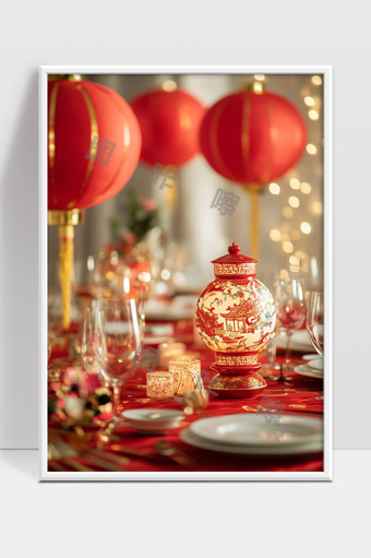 喜庆中国风红灯笼装饰春节团圆宴会场景