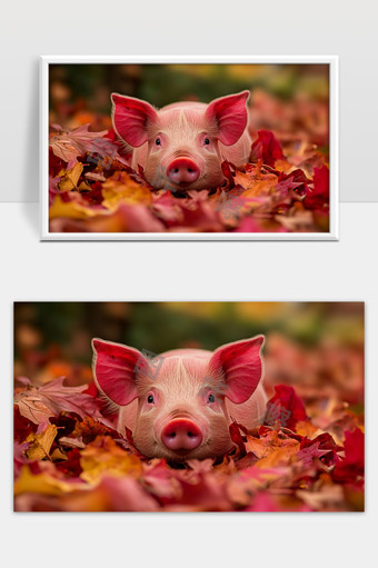 可爱小猪躺在秋天落叶中享受温暖时光