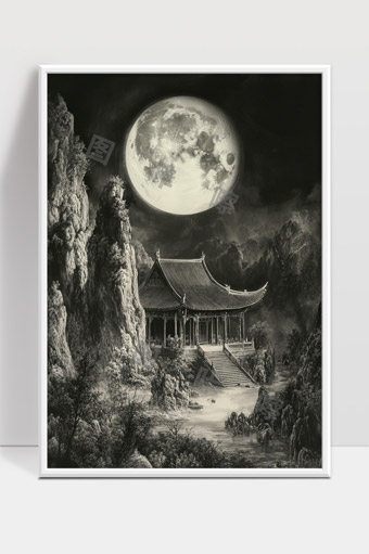 月光映照下的古寺静谧山水夜景意境