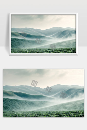 晨雾笼罩下的青翠起伏山丘与农田景色