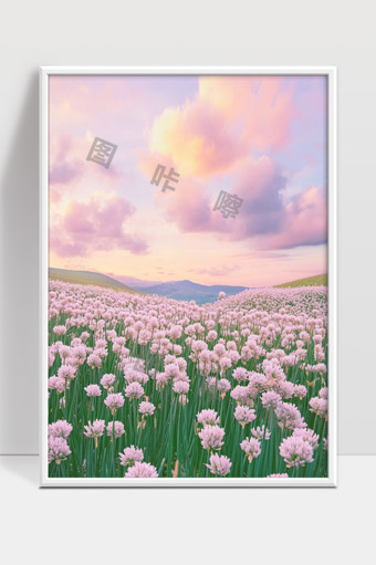 广阔山丘上粉色花海与温柔晚霞完美交融景色