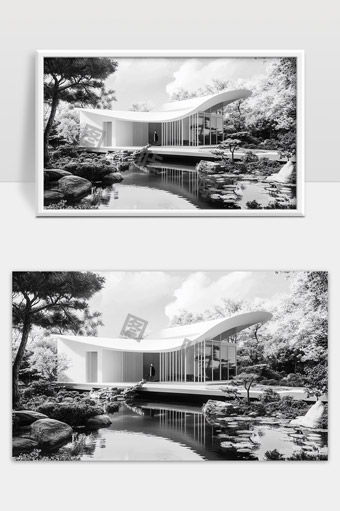 现代极简主义建筑景观自然和谐的水上别墅设计