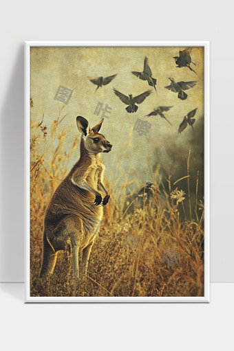 草原上袋鼠与飞鸟共舞的自然风光