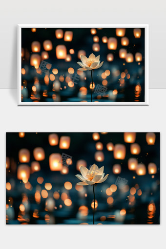 夜晚水面上的白色莲花与漂浮灯笼美丽梦幻景象