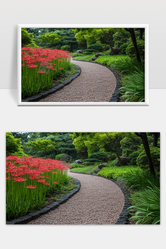 宁静花园中蜿蜒石子小路与红色花丛的美丽景致