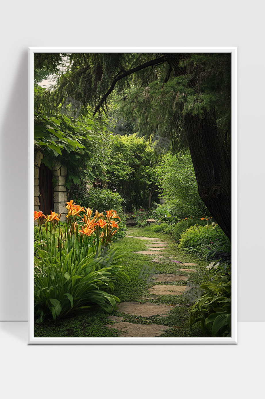 幽静花园中的石板小径绿树环绕花卉盛开