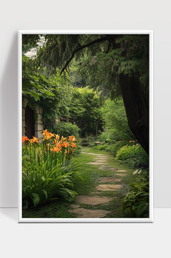 幽静花园中的石板小径绿树环绕花卉盛开