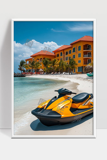 海边度假风情橙色水上摩托与热带别墅景观