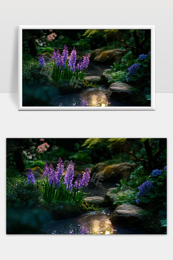 幽静花园中溪流旁盛开的紫色花朵自然风光