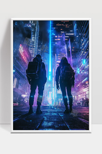 夜晚都市霓虹灯光下的未来科技感街头