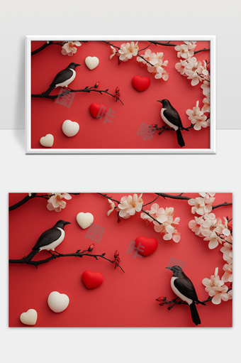 红色背景下喜鹊与心形装饰与春天花朵的浪漫画面