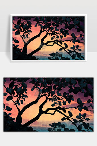 夕阳映照下的树枝剪影与宁静远山景色