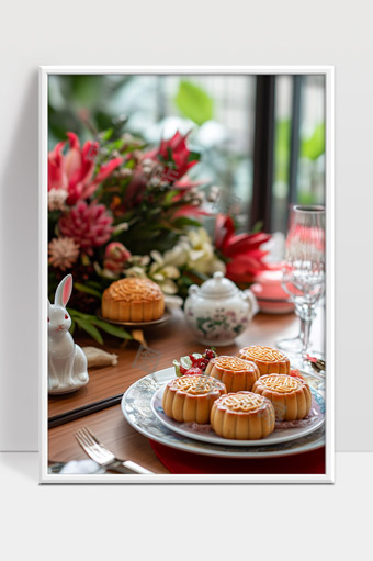 精致中秋月饼与茶具节日团圆温馨场景展示