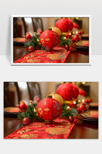 红灯笼装饰的节日餐桌新年喜庆氛围