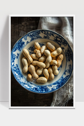 青花瓷碗盛装新鲜花生坚果美食静物摄影