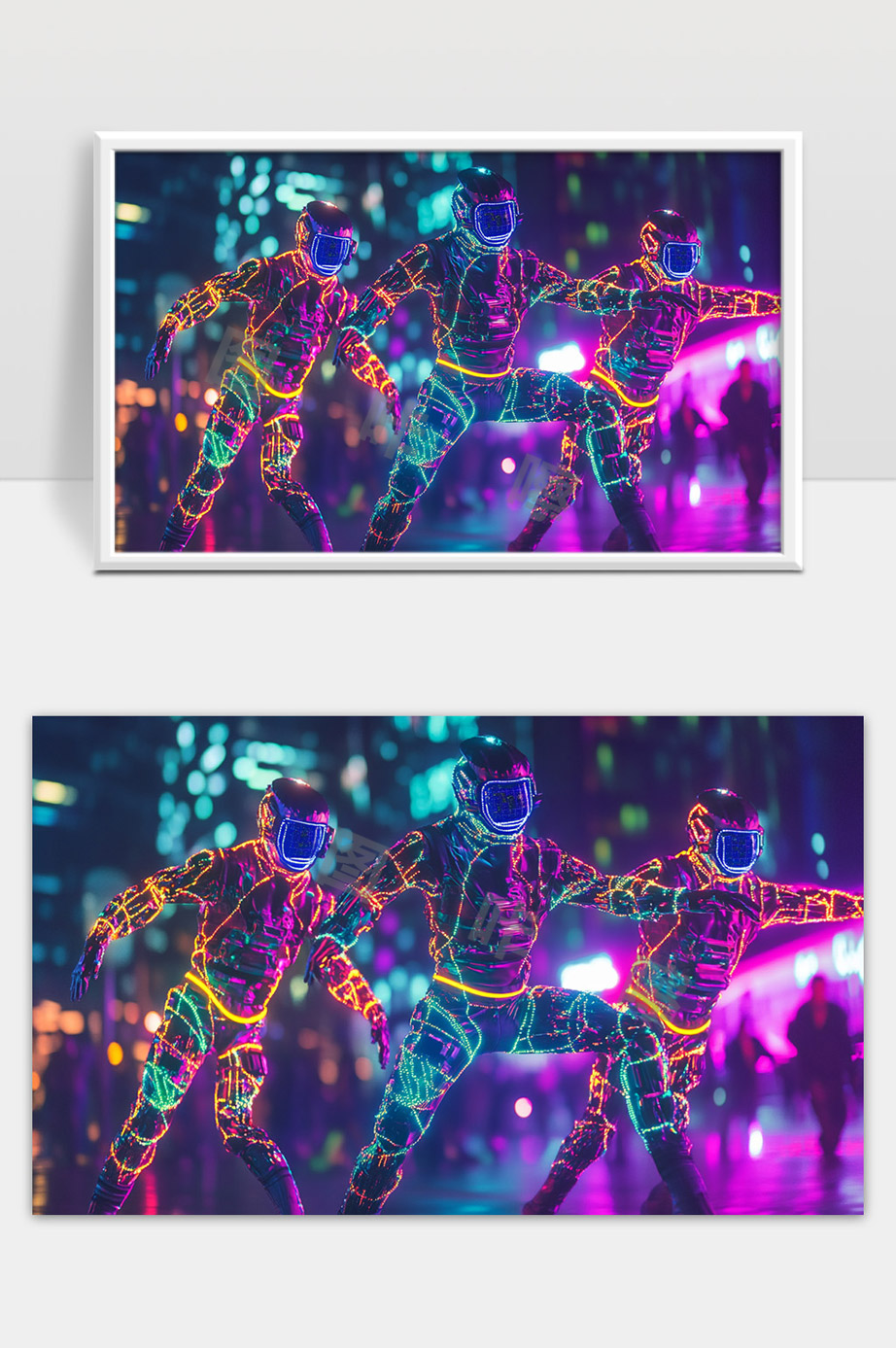 未来科技感霓虹灯光机器人舞者夜晚街头表演