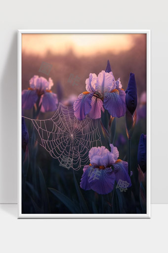 朦胧晨光中绽放的紫色鸢尾花与蛛网之美