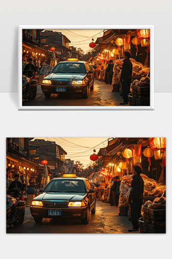 黄昏古镇街道上的出租车与市井人情风貌