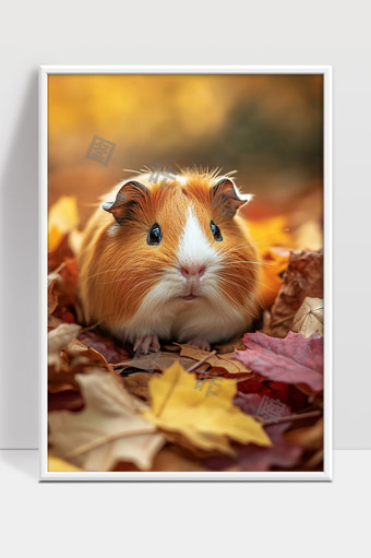 秋天落叶中可爱豚鼠萌态温馨自然