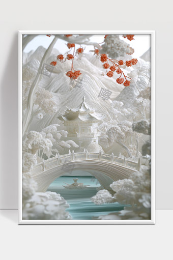 中国古风水墨山水桥上渔舟亭阁诗意画境
