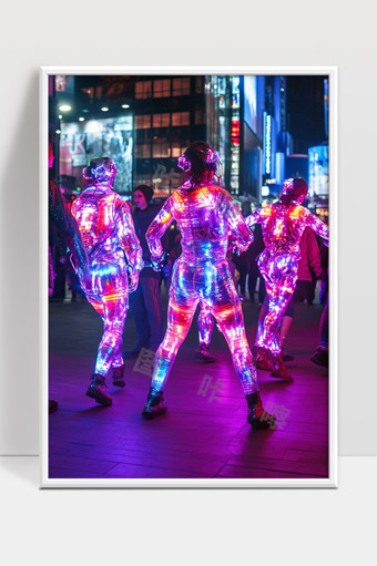 夜晚街头光影舞者炫彩未来感表演