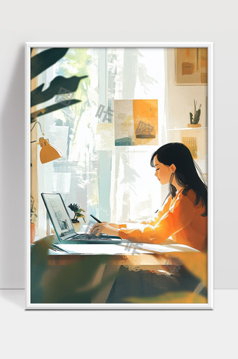 阳光洒落下专注办公的年轻女性画面