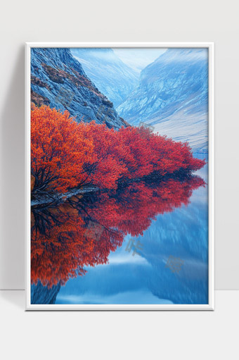 秋天湖边红叶倒映山水宁静自然美景