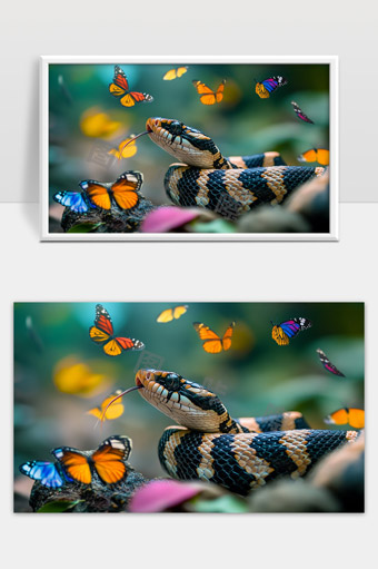 蛇与蝴蝶共舞奇幻森林生物和谐自然画面