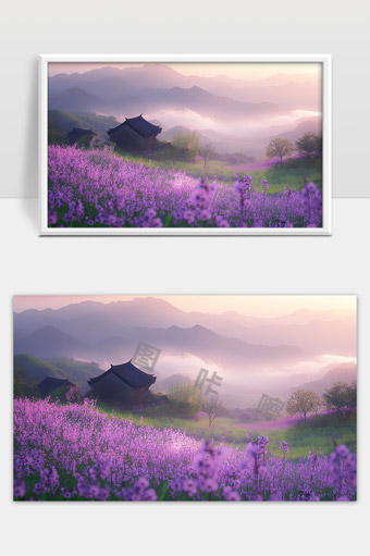 春日山间紫色花海与古风建筑的晨雾美景