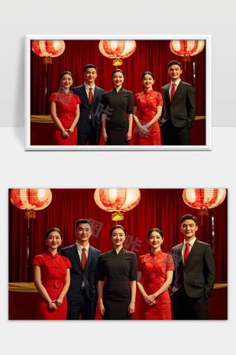 喜庆红灯笼春节服饰年轻人团圆合影