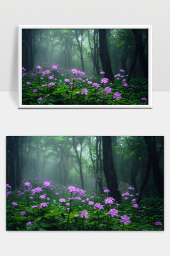 幽静森林中盛开的紫色野花与晨雾缭绕的自然美景