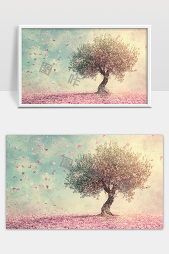 盛开樱花飘落梦幻树下的春天美景