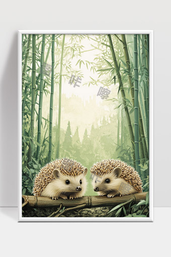 竹林中两只刺猬温馨静谧的自然风光