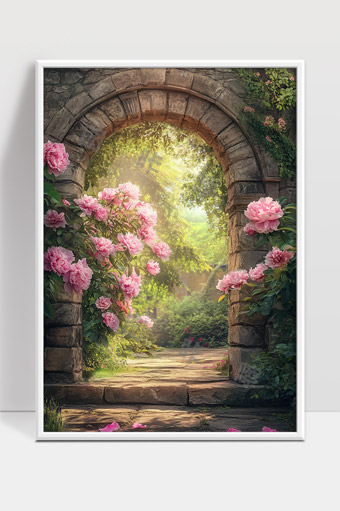 阳光花园中的古石拱门盛开粉色玫瑰花