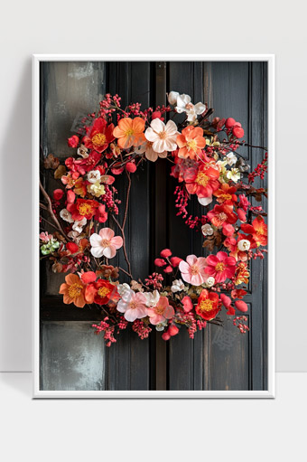 精美红色粉色花卉装饰花环门挂节日春天布置