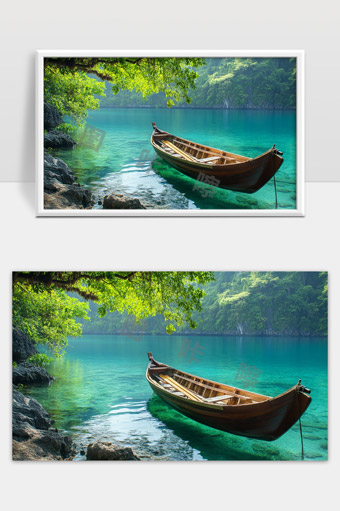 清晨宁静湖面上的木船绿树环绕山水美景