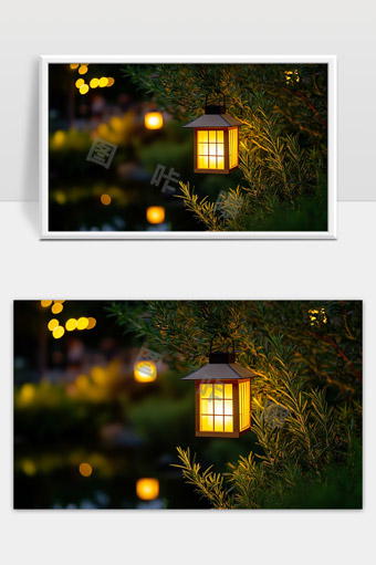 夜晚花园中悬挂的温馨户外灯笼照亮植物