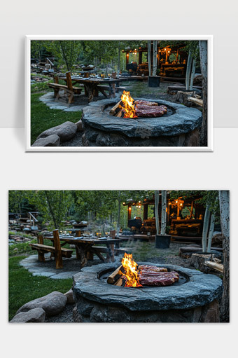 森林中的户外烧烤篝火晚会休闲聚会场景