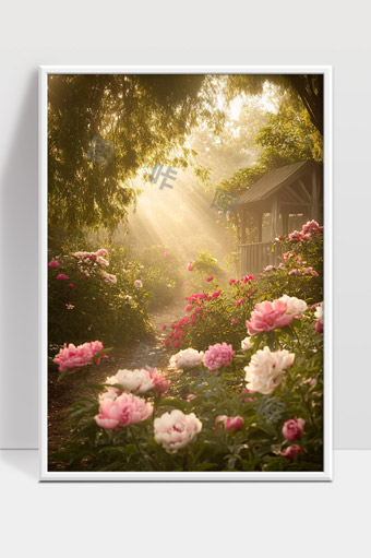 清晨阳光洒落花园繁花似锦小径幽静美景