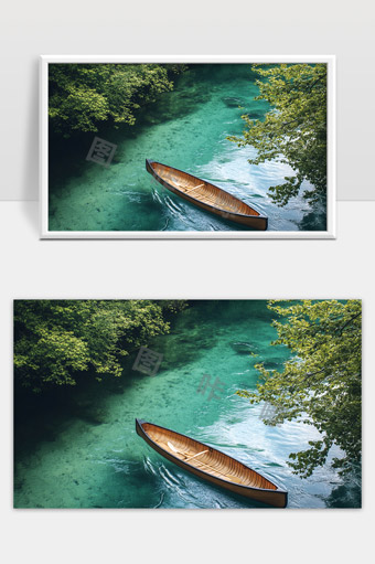 宁静清澈湖面上的木制独木舟映衬自然美景