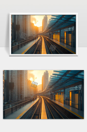 城市高架轨道交通夕阳下的现代都市风光