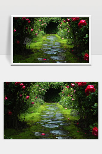 幽静玫瑰花园中铺满青苔的石径小路