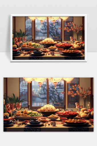 中国传统节日丰盛晚餐团圆家宴温馨场景