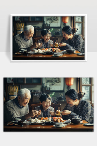 幸福三代同堂一家人在餐桌上共享美味佳肴温馨时刻