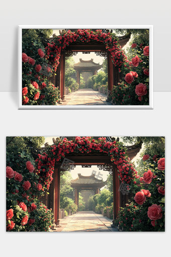 古典园林中的玫瑰花拱门与石板小径