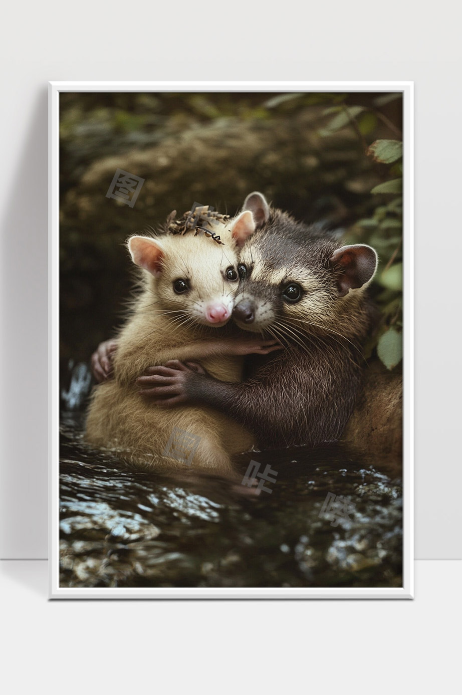 森林中两只小动物相拥嬉戏温馨画面