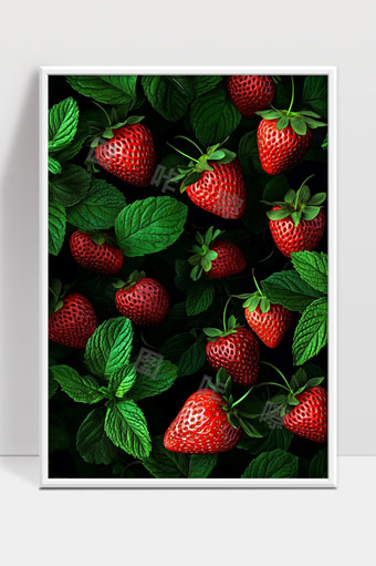 新鲜草莓与绿叶清新背景高清特写美食水果