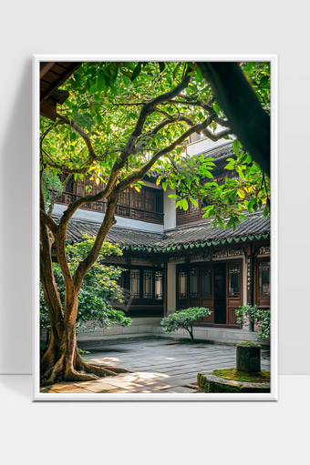 古色古香庭院中的绿荫参天与传统建筑美景