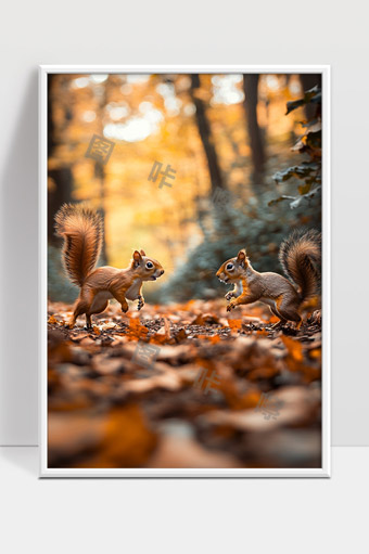 秋日森林中两只松鼠嬉戏活力无限的自然瞬间